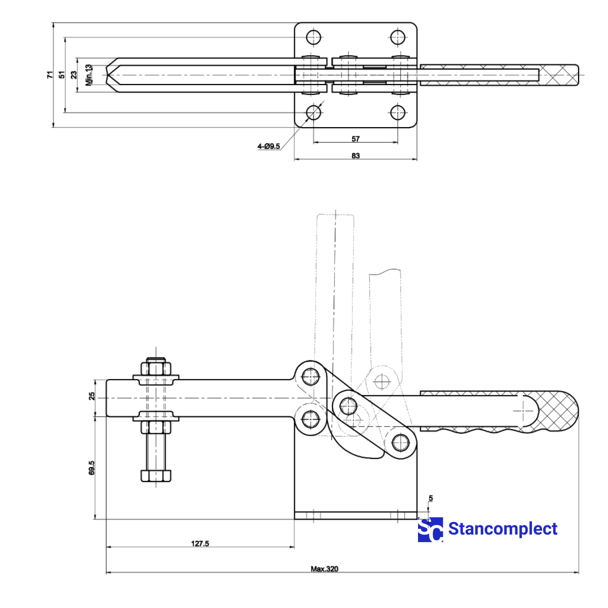 Quick release horizontal toggle clamp ST-204-GBLH - holding capacity 630 kg